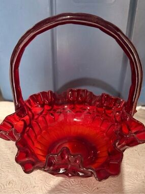Vintage Ruby Red Glass Basket Ruffled Edge Candy Dish | Decorative Handled Bowl